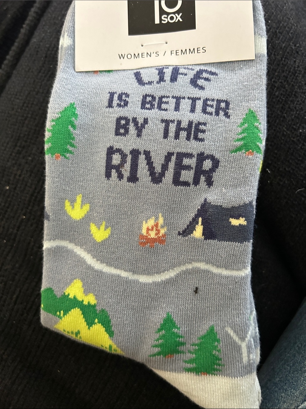 YO Women's Light Gray Camping Crew Socks with Green Trees & Navy Tent. River!
